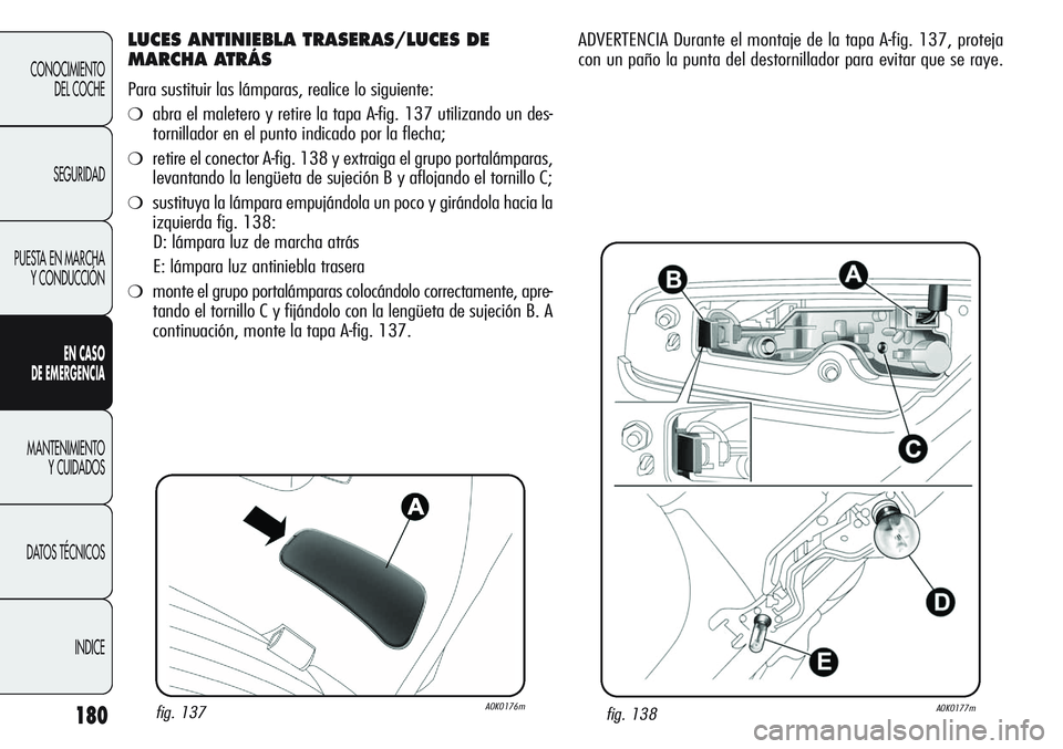 Alfa Romeo Giulietta 2011  Manual de Empleo y Cuidado (in Spanish) 180
CONOCIMIENTO
DEL COCHE
SEGURIDAD
PUESTA EN MARCHA
Y CONDUCCIÓN
EN CASO 
DE EMERGENCIA
MANTENIMIENTO
Y CUIDADOS
DATOS TÉCNICOS
INDICE
LUCES ANTINIEBLA TRASERAS/LUCES DE
MARCHA ATRÁS
Para sustitu