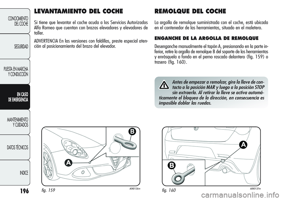 Alfa Romeo Giulietta 2011  Manual de Empleo y Cuidado (in Spanish) 196
CONOCIMIENTO
DEL COCHE
SEGURIDAD
PUESTA EN MARCHA
Y CONDUCCIÓN
EN CASO 
DE EMERGENCIA
MANTENIMIENTO
Y CUIDADOS
DATOS TÉCNICOS
INDICE
LEVANTAMIENTO DEL COCHE
Si tiene que levantar el coche acuda 