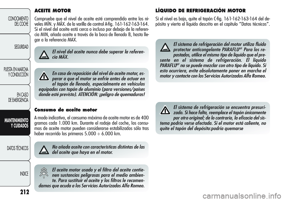 Alfa Romeo Giulietta 2011  Manual de Empleo y Cuidado (in Spanish) ACEITE MOTOR 
Compruebe que el nivel de aceite esté comprendido entre los ni-
veles MÍN. y MÁX. de la varilla de control A-fig. 161-162-163-164.
Si el nivel del aceite está cerca o incluso por deb