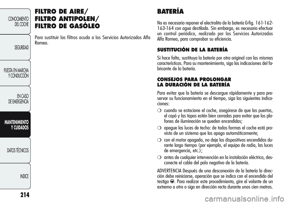 Alfa Romeo Giulietta 2011  Manual de Empleo y Cuidado (in Spanish) 214
CONOCIMIENTO
DEL COCHE
SEGURIDAD
PUESTA EN MARCHA 
Y CONDUCCIÓN
EN CASO 
DE EMERGENCIA
MANTENIMIENTO
Y CUIDADOS
DATOS TÉCNICOS
INDICE
BATERÍA
No es necesario reponer el electrolito de la bater