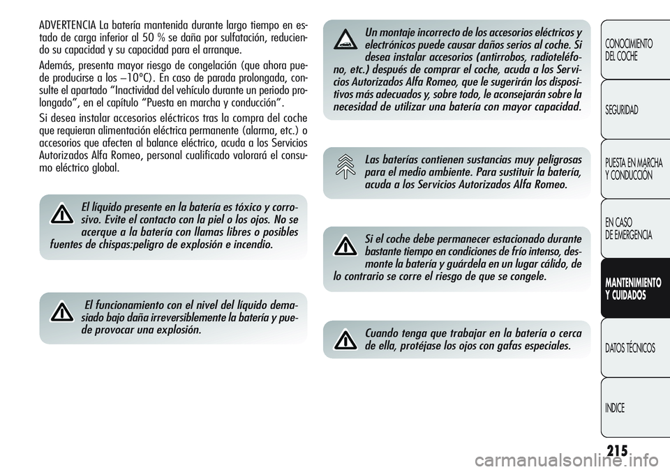 Alfa Romeo Giulietta 2011  Manual de Empleo y Cuidado (in Spanish) 215
CONOCIMIENTO
DEL COCHE
SEGURIDAD
PUESTA EN MARCHA 
Y CONDUCCIÓN
EN CASO 
DE EMERGENCIA
MANTENIMIENTO
Y CUIDADOS
DATOS TÉCNICOS
INDICE
ADVERTENCIA La batería mantenida durante largo tiempo en es