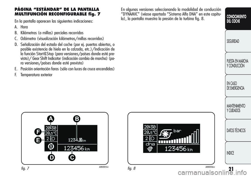 Alfa Romeo Giulietta 2011  Manual de Empleo y Cuidado (in Spanish) 21
CONOCIMIENTO
DEL COCHE
SEGURIDAD
PUESTA EN MARCHA 
Y CONDUCCIÓN
EN CASO 
DE EMERGENCIA
MANTENIMIENTO
Y CUIDADOS
DATOS TÉCNICOS
INDICE
PÁGINA “ESTÁNDAR” DE LA PANTALLA
MULTIFUNCIÓN RECONFIG