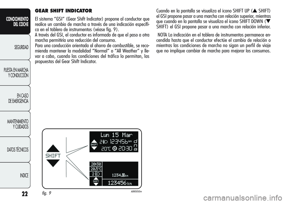 Alfa Romeo Giulietta 2011  Manual de Empleo y Cuidado (in Spanish) 22
CONOCIMIENTO
DEL COCHE
SEGURIDAD
PUESTA EN MARCHA
Y CONDUCCIÓN
EN CASO 
DE EMERGENCIA
MANTENIMIENTO
Y CUIDADOS
DATOS TÉCNICOS
INDICE
GEAR SHIFT INDICATOR 
El sistema “GSI” (Gear Shift Indicat