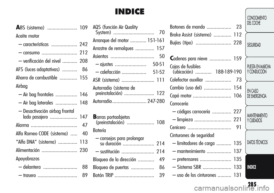 Alfa Romeo Giulietta 2011 Manual de Empleo y Cuidado (in Spanish) 285
CONOCIMIENTO
DEL COCHE
SEGURIDAD
PUESTA EN MARCHA
Y CONDUCCIÓN
EN CASO
DE EMERGENCIA
MANTENIMIENTO
Y CUIDADOS
DATOS TÉCNICOS
INDICE
INDICE
AQS (función Air Quality
System) .................. Alfa Romeo Giulietta 2011 Manual de Empleo y Cuidado (in Spanish) 285
CONOCIMIENTO
DEL COCHE
SEGURIDAD
PUESTA EN MARCHA
Y CONDUCCIÓN
EN CASO
DE EMERGENCIA
MANTENIMIENTO
Y CUIDADOS
DATOS TÉCNICOS
INDICE
INDICE
AQS (función Air Quality
System) ..................