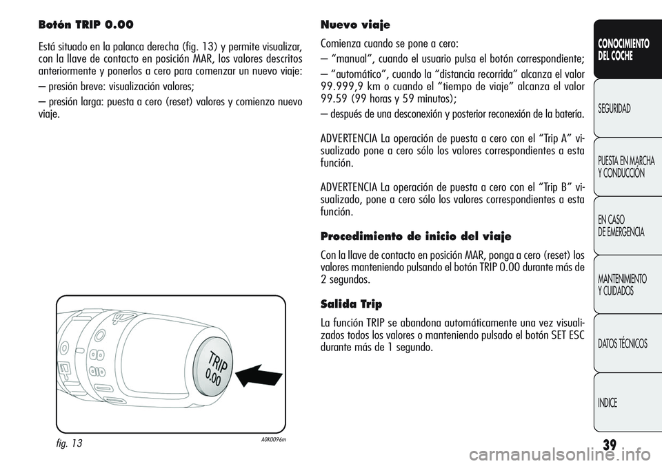 Alfa Romeo Giulietta 2011  Manual de Empleo y Cuidado (in Spanish) 39
CONOCIMIENTO
DEL COCHE
SEGURIDAD
PUESTA EN MARCHA 
Y CONDUCCIÓN
EN CASO 
DE EMERGENCIA
MANTENIMIENTO
Y CUIDADOS
DATOS TÉCNICOS
INDICE
Botón TRIP 0.00
Está situado en la palanca derecha (fig. 13