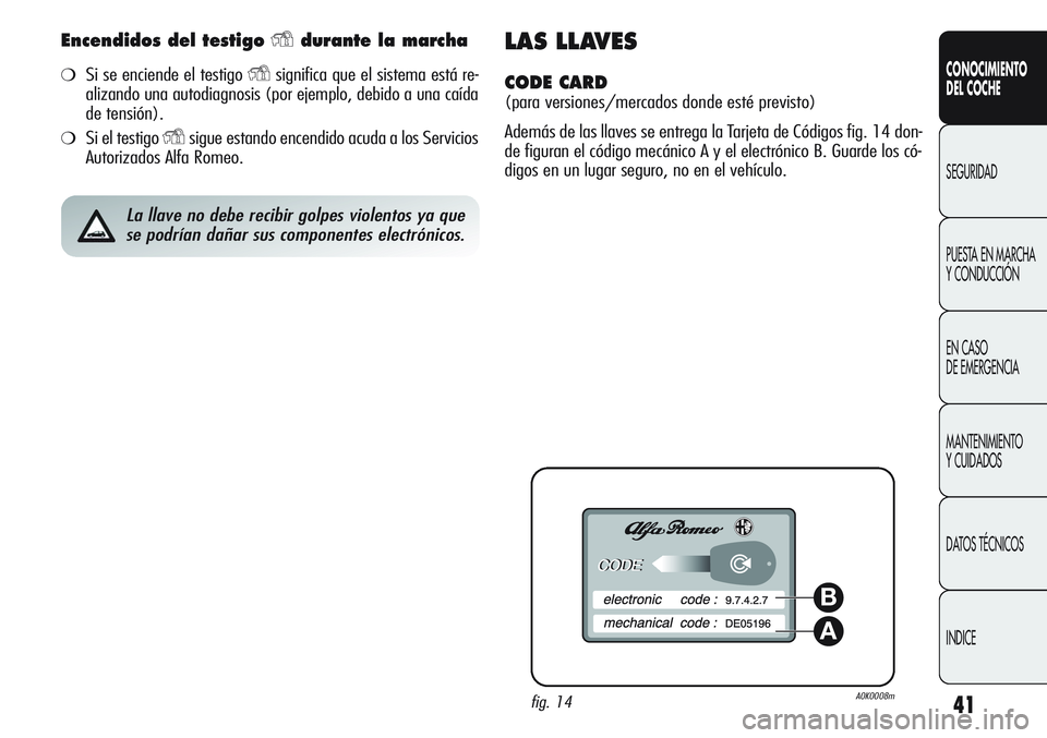 Alfa Romeo Giulietta 2011  Manual de Empleo y Cuidado (in Spanish) 41
CONOCIMIENTO
DEL COCHE
SEGURIDAD
PUESTA EN MARCHA 
Y CONDUCCIÓN
EN CASO 
DE EMERGENCIA
MANTENIMIENTO
Y CUIDADOS
DATOS TÉCNICOS
INDICE
Encendidos del testigo Ydurante la marcha
❍Si se enciende e