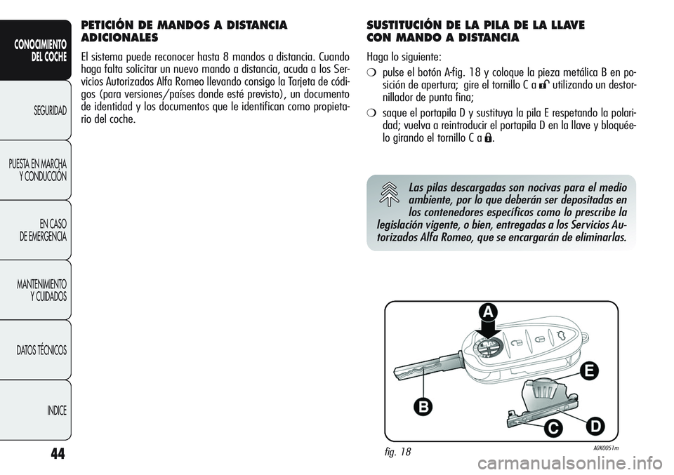 Alfa Romeo Giulietta 2011  Manual de Empleo y Cuidado (in Spanish) 44
CONOCIMIENTO
DEL COCHE
SEGURIDAD
PUESTA EN MARCHA
Y CONDUCCIÓN
EN CASO 
DE EMERGENCIA
MANTENIMIENTO
Y CUIDADOS
DATOS TÉCNICOS
INDICE
PETICIÓN DE MANDOS A DISTANCIA
ADICIONALES
El sistema puede r