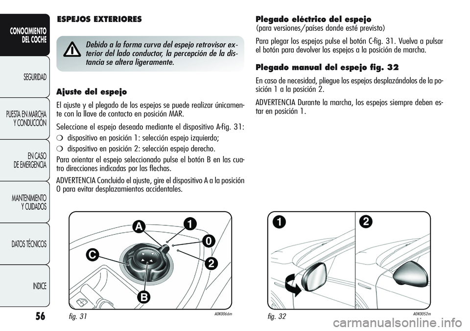 Alfa Romeo Giulietta 2011  Manual de Empleo y Cuidado (in Spanish) 56
CONOCIMIENTO
DEL COCHE
SEGURIDAD
PUESTA EN MARCHA
Y CONDUCCIÓN
EN CASO 
DE EMERGENCIA
MANTENIMIENTO
Y CUIDADOS
DATOS TÉCNICOS
INDICE
Plegado eléctrico del espejo
(para versiones/países donde es