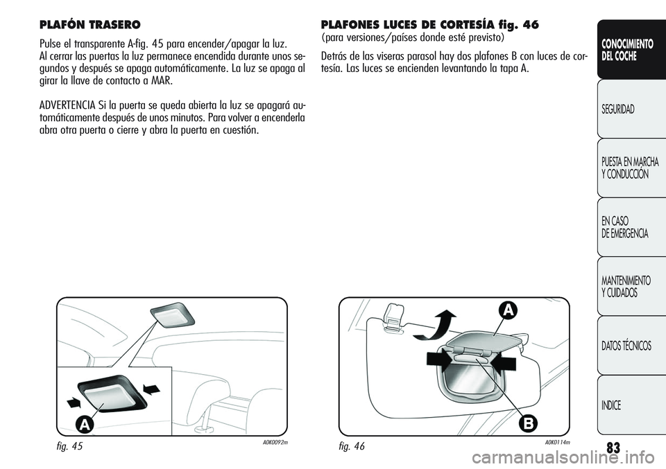 Alfa Romeo Giulietta 2011  Manual de Empleo y Cuidado (in Spanish) 83
CONOCIMIENTO
DEL COCHE
SEGURIDAD
PUESTA EN MARCHA 
Y CONDUCCIÓN
EN CASO 
DE EMERGENCIA
MANTENIMIENTO
Y CUIDADOS
DATOS TÉCNICOS
INDICE
PLAFÓN TRASERO
Pulse el transparente A-fig. 45 para encender