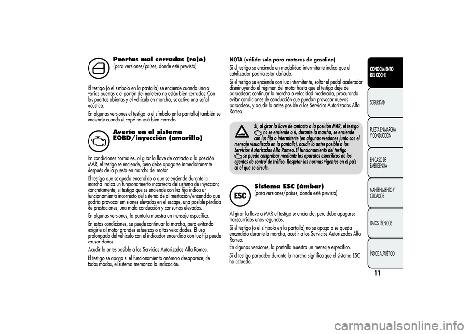 Alfa Romeo Giulietta 2013  Manual de Empleo y Cuidado (in Spanish) Puertas mal cerradas (rojo)(para versiones/países, donde esté previsto)
El testigo (o el símbolo en la pantalla) se enciende cuando una o
varias puertas o el portón del maletero no están bien cer