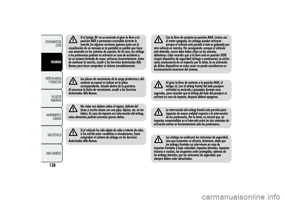 Alfa Romeo Giulietta 2013 Manual de Empleo y Cuidado (in Spanish) Si el testigo
no se enciende al girar la llave a la
posición MAR o permanece encendido durante la
marcha (en algunas versiones aparece junto con la
visualización de un mensaje en la pantalla) es pos Alfa Romeo Giulietta 2013 Manual de Empleo y Cuidado (in Spanish) Si el testigo
no se enciende al girar la llave a la
posición MAR o permanece encendido durante la
marcha (en algunas versiones aparece junto con la
visualización de un mensaje en la pantalla) es pos