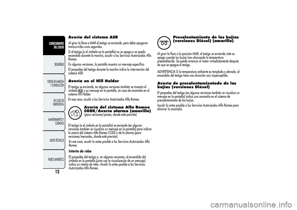 Alfa Romeo Giulietta 2013  Manual de Empleo y Cuidado (in Spanish) Avería del sistema ASRAl girar la llave a MAR el testigo se enciende, pero debe apagarse
transcurridos unos segundos.
Si el testigo (o el símbolo en la pantalla) no se apaga o se queda
encendido dur