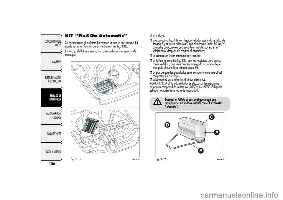 Alfa Romeo Giulietta 2013 Manual de Empleo y Cuidado (in Spanish) KIT "Fix&Go Automatic"Se encuentra en el maletero (la caja en la que se encuentra el kit
puede variar en función de las versiones - ver fig. 131).
En la caja del kit también hay un destornil Alfa Romeo Giulietta 2013 Manual de Empleo y Cuidado (in Spanish) KIT "Fix&Go Automatic"Se encuentra en el maletero (la caja en la que se encuentra el kit
puede variar en función de las versiones - ver fig. 131).
En la caja del kit también hay un destornil
