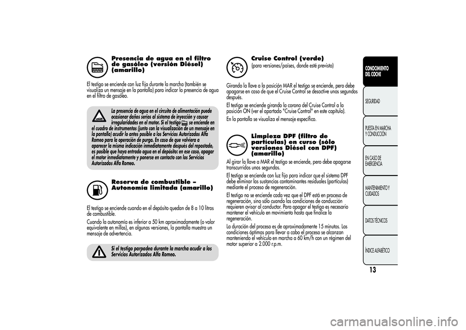 Alfa Romeo Giulietta 2013  Manual de Empleo y Cuidado (in Spanish) Presencia de agua en el filtro
de gasóleo (versión Diésel)
(amarillo)
El testigo se enciende con luz fija durante la marcha (también se
visualiza un mensaje en la pantalla) para indicar la presenc