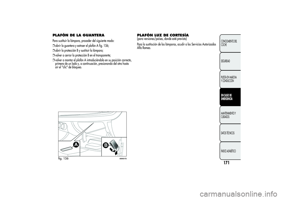 Alfa Romeo Giulietta 2013 Manual de Empleo y Cuidado (in Spanish) PLAFÓN DE LA GUANTERAPara sustituir la lámpara, proceder del siguiente modo:
❒abrir la guantera y extraer el plafón A fig. 156;
❒abrir la protección B y sustituir la lámpara;
❒volver a cerr Alfa Romeo Giulietta 2013 Manual de Empleo y Cuidado (in Spanish) PLAFÓN DE LA GUANTERAPara sustituir la lámpara, proceder del siguiente modo:
❒abrir la guantera y extraer el plafón A fig. 156;
❒abrir la protección B y sustituir la lámpara;
❒volver a cerr