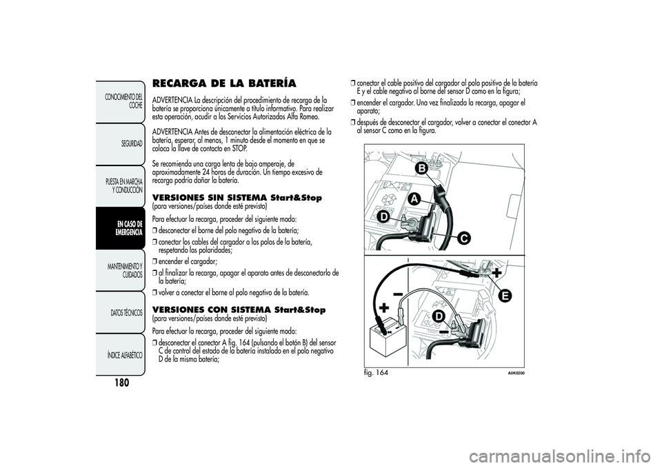 Alfa Romeo Giulietta 2013 Manual de Empleo y Cuidado (in Spanish) RECARGA DE LA BATERÍAADVERTENCIA La descripción del procedimiento de recarga de la
batería se proporciona únicamente a título informativo. Para realizar
esta operación, acudir a los Servicios Au Alfa Romeo Giulietta 2013 Manual de Empleo y Cuidado (in Spanish) RECARGA DE LA BATERÍAADVERTENCIA La descripción del procedimiento de recarga de la
batería se proporciona únicamente a título informativo. Para realizar
esta operación, acudir a los Servicios Au