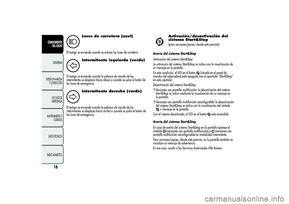Alfa Romeo Giulietta 2013  Manual de Empleo y Cuidado (in Spanish) Luces de carretera (azul)
El testigo se enciende cuando se activan las luces de carretera.
Intermitente izquierdo (verde)
El testigo se enciende cuando la palanca de mando de los
intermitentes se desp
