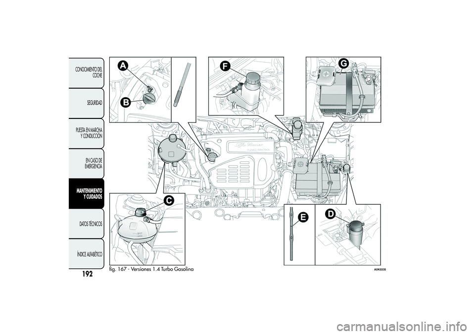 Alfa Romeo Giulietta 2013 Manual de Empleo y Cuidado (in Spanish) fig. 167 - Versiones 1.4 Turbo Gasolina
A0K0335
192
CONOCIMIENTO DEL
COCHE
SEGURIDAD
PUESTA EN MARCHA
Y CONDUCCIÓN
EN CASO DE
EMERGENCIAMANTENIMIENTO
Y CUIDADOSDATOS TÉCNICOS
ÍNDICE ALFABÉTICO Alfa Romeo Giulietta 2013 Manual de Empleo y Cuidado (in Spanish) fig. 167 - Versiones 1.4 Turbo Gasolina
A0K0335
192
CONOCIMIENTO DEL
COCHE
SEGURIDAD
PUESTA EN MARCHA
Y CONDUCCIÓN
EN CASO DE
EMERGENCIAMANTENIMIENTO
Y CUIDADOSDATOS TÉCNICOS
ÍNDICE ALFABÉTICO