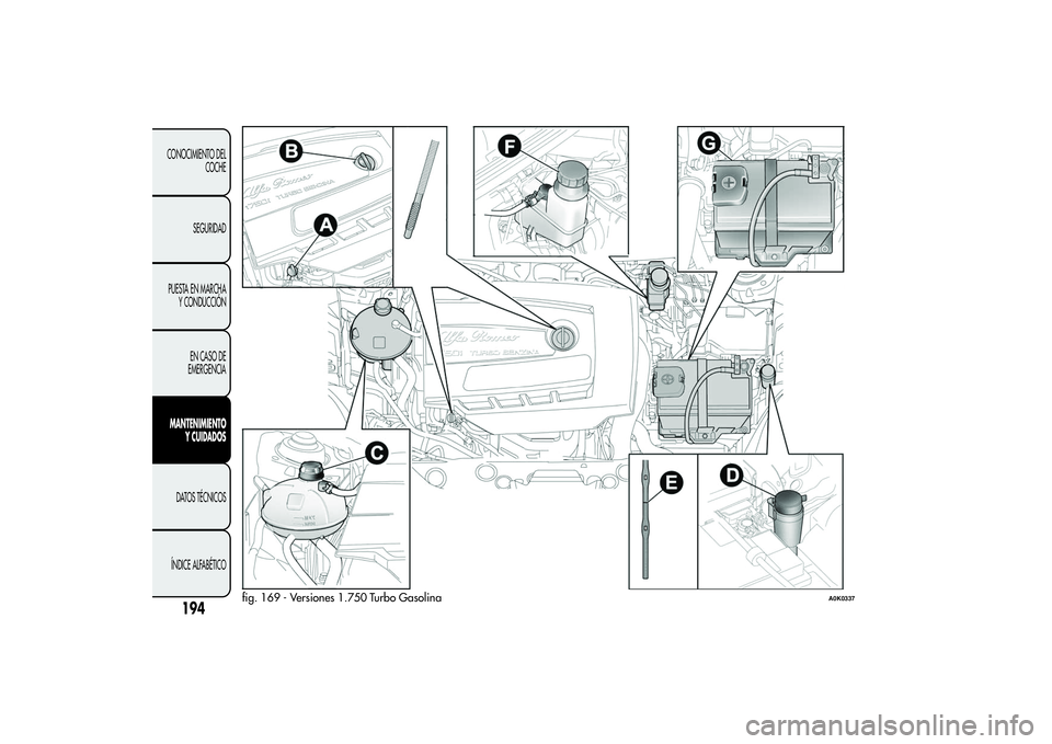 Alfa Romeo Giulietta 2013 Manual de Empleo y Cuidado (in Spanish) fig. 169 - Versiones 1.750 Turbo Gasolina
A0K0337
194
CONOCIMIENTO DEL
COCHE
SEGURIDAD
PUESTA EN MARCHA
Y CONDUCCIÓN
EN CASO DE
EMERGENCIAMANTENIMIENTO
Y CUIDADOSDATOS TÉCNICOS
ÍNDICE ALFABÉTICO Alfa Romeo Giulietta 2013 Manual de Empleo y Cuidado (in Spanish) fig. 169 - Versiones 1.750 Turbo Gasolina
A0K0337
194
CONOCIMIENTO DEL
COCHE
SEGURIDAD
PUESTA EN MARCHA
Y CONDUCCIÓN
EN CASO DE
EMERGENCIAMANTENIMIENTO
Y CUIDADOSDATOS TÉCNICOS
ÍNDICE ALFABÉTICO