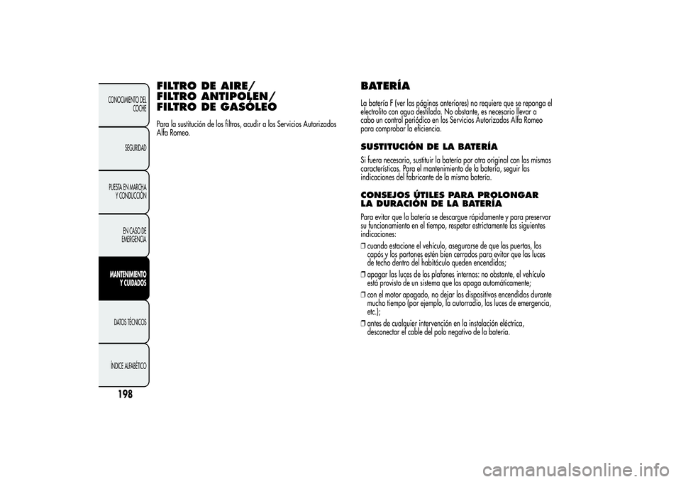 Alfa Romeo Giulietta 2013  Manual de Empleo y Cuidado (in Spanish) FILTRO DE AIRE/
FILTRO ANTIPOLEN/
FILTRO DE GASÓLEOPara la sustitución de los filtros, acudir a los Servicios Autorizados
Alfa Romeo.
BATERÍALa batería F (ver las páginas anteriores) no requiere 