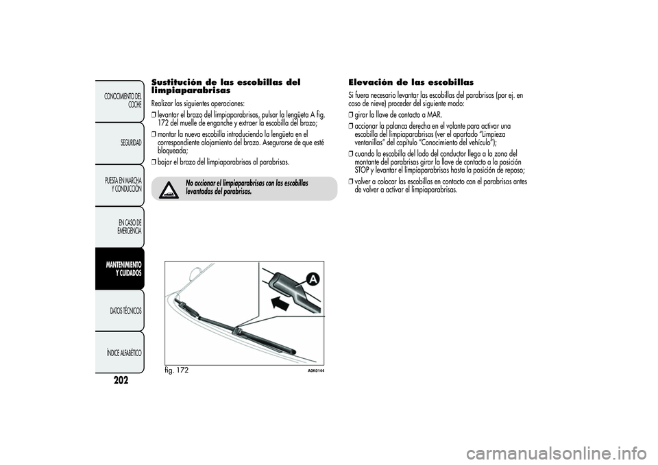Alfa Romeo Giulietta 2013  Manual de Empleo y Cuidado (in Spanish) Sustitución de las escobillas del
limpiaparabrisasRealizar las siguientes operaciones:
❒levantar el brazo del limpiaparabrisas, pulsar la lengüeta A fig.
172 del muelle de enganche y extraer la es