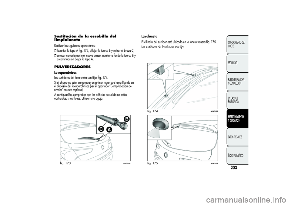 Alfa Romeo Giulietta 2013  Manual de Empleo y Cuidado (in Spanish) Sustitución de la escobilla del
limpialunetaRealizar las siguientes operaciones:
❒levantar la tapa A fig. 173, aflojar la tuerca B y retirar el brazo C;
❒colocar correctamente el nuevo brazo, apr