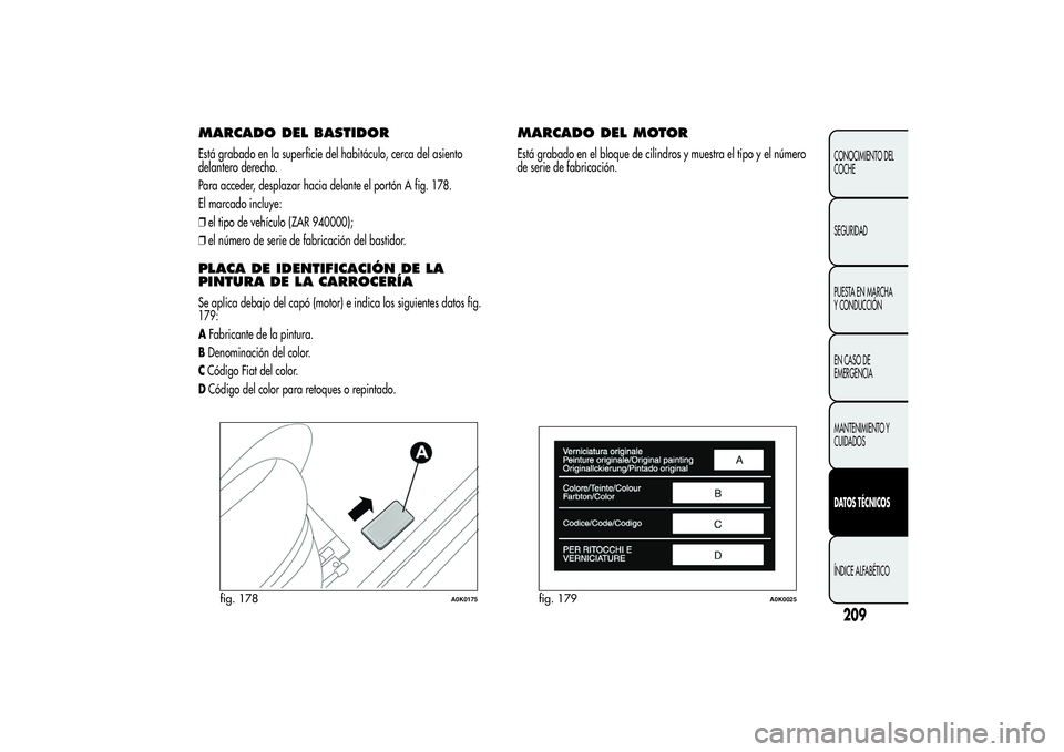Alfa Romeo Giulietta 2013  Manual de Empleo y Cuidado (in Spanish) MARCADO DEL BASTIDOREstá grabado en la superficie del habitáculo, cerca del asiento
delantero derecho.
Para acceder, desplazar hacia delante el portón A fig. 178.
El marcado incluye:
❒el tipo de 