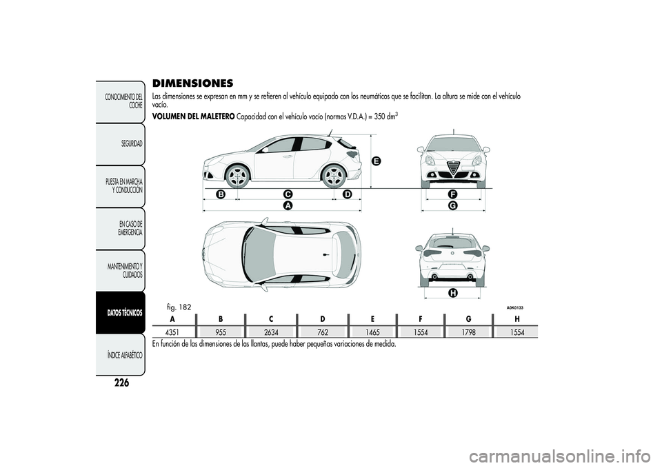 Alfa Romeo Giulietta 2013  Manual de Empleo y Cuidado (in Spanish) DIMENSIONESLas dimensiones se expresan en mm y se refieren al vehículo equipado con los neumáticos que se facilitan. La altura se mide con el vehículo
vacío.
VOLUMEN DEL MALETEROCapacidad con el v