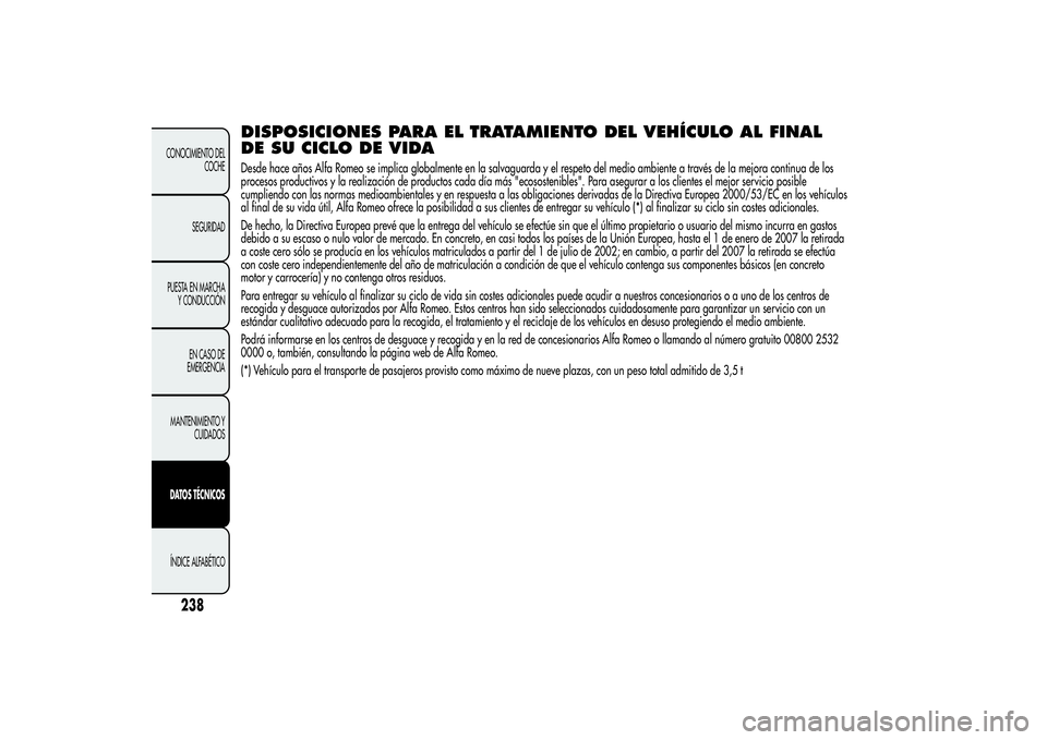 Alfa Romeo Giulietta 2013 Manual de Empleo y Cuidado (in Spanish) DISPOSICIONES PARA EL TRATAMIENTO DEL VEHÍCULO AL FINAL
DE SU CICLO DE VIDADesde hace años Alfa Romeo se implica globalmente en la salvaguarda y el respeto del medio ambiente a través de la mejora Alfa Romeo Giulietta 2013 Manual de Empleo y Cuidado (in Spanish) DISPOSICIONES PARA EL TRATAMIENTO DEL VEHÍCULO AL FINAL
DE SU CICLO DE VIDADesde hace años Alfa Romeo se implica globalmente en la salvaguarda y el respeto del medio ambiente a través de la mejora