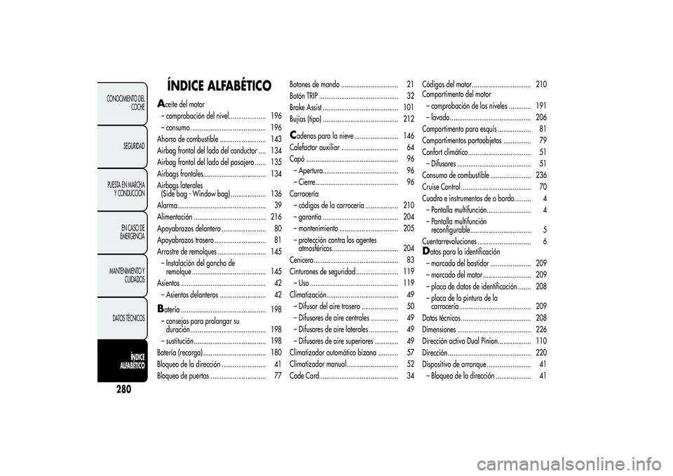 Alfa Romeo Giulietta 2013  Manual de Empleo y Cuidado (in Spanish) ÍNDICE ALFABÉTICO
A
ceite del motor
– comprobación del nivel.................... 196
– consumo ......................................... 196
Ahorro de combustible ......................... 143
