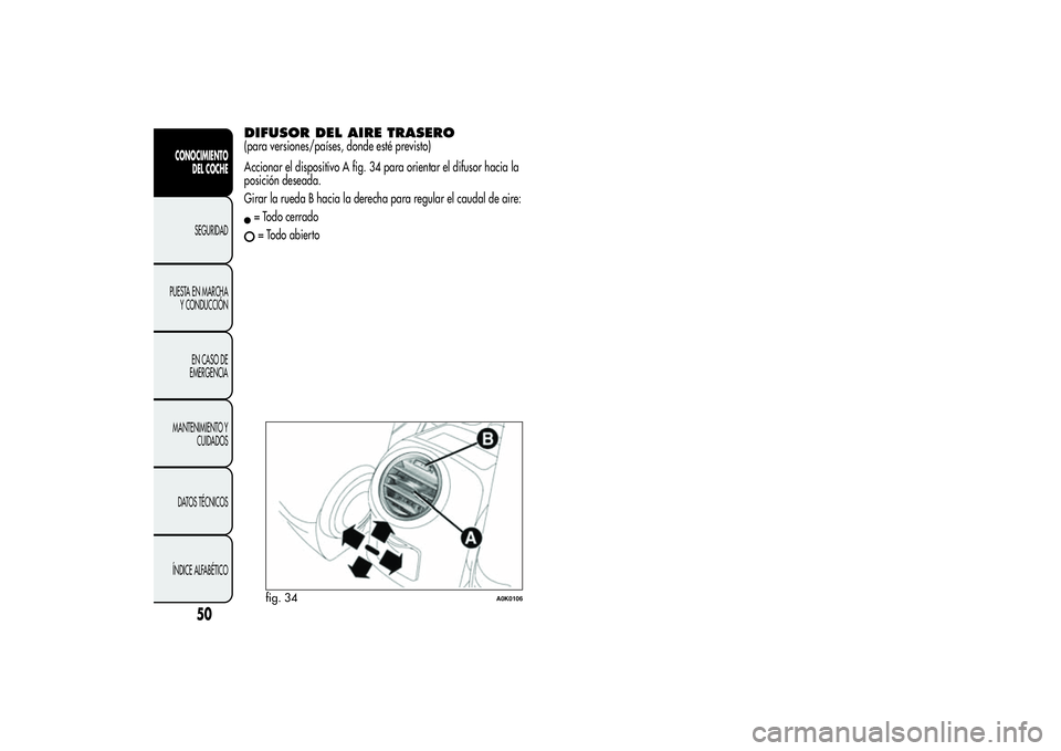 Alfa Romeo Giulietta 2013 Manual de Empleo y Cuidado (in Spanish) DIFUSOR DEL AIRE TRASERO(para versiones/países, donde esté previsto)
Accionar el dispositivo A fig. 34 para orientar el difusor hacia la
posición deseada.
Girar la rueda B hacia la derecha para reg Alfa Romeo Giulietta 2013 Manual de Empleo y Cuidado (in Spanish) DIFUSOR DEL AIRE TRASERO(para versiones/países, donde esté previsto)
Accionar el dispositivo A fig. 34 para orientar el difusor hacia la
posición deseada.
Girar la rueda B hacia la derecha para reg
