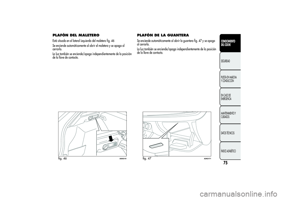 Alfa Romeo Giulietta 2013 Manual de Empleo y Cuidado (in Spanish) PLAFÓN DEL MALETEROEstá situado en el lateral izquierdo del maletero fig. 46
Se enciende automáticamente al abrir el maletero y se apaga al
cerrarlo.
La luz también se enciende/apaga independiente Alfa Romeo Giulietta 2013 Manual de Empleo y Cuidado (in Spanish) PLAFÓN DEL MALETEROEstá situado en el lateral izquierdo del maletero fig. 46
Se enciende automáticamente al abrir el maletero y se apaga al
cerrarlo.
La luz también se enciende/apaga independiente