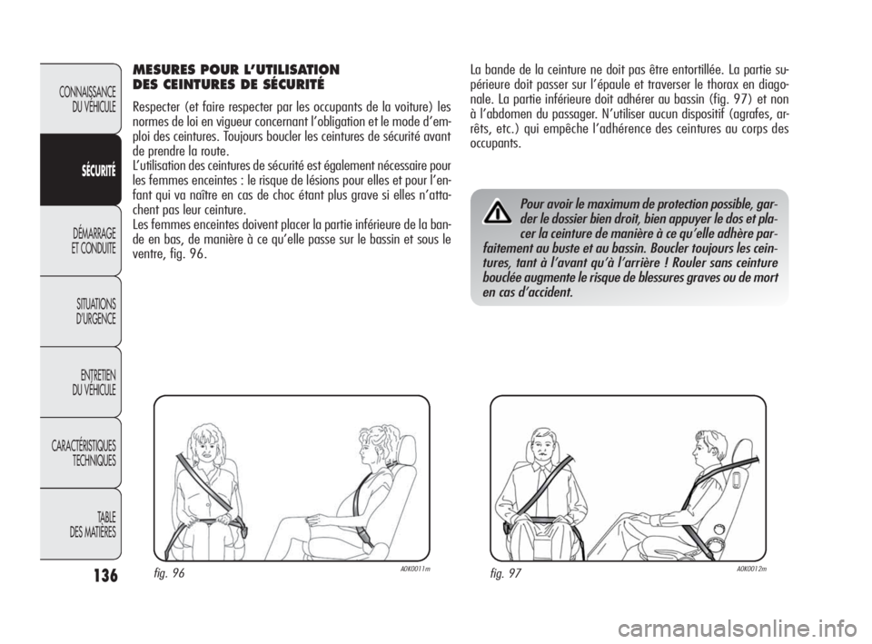 Alfa Romeo Giulietta 2010 Notice dentretien (in French) 136
CONNAISSANCE
DU VÉHICULE
SÉCURITÉ
DÉMARRAGE
ET CONDUITE
SITUATIONS
D’URGENCE
ENTRETIEN
DU VÉHICULE
CARACTÉRISTIQUES
TECHNIQUES
TABLE
DES MATIÈRES
La bande de la ceinture ne doit pas Alfa Romeo Giulietta 2010 Notice dentretien (in French) 136
CONNAISSANCE
DU VÉHICULE
SÉCURITÉ
DÉMARRAGE
ET CONDUITE
SITUATIONS
D’URGENCE
ENTRETIEN
DU VÉHICULE
CARACTÉRISTIQUES
TECHNIQUES
TABLE
DES MATIÈRES
La bande de la ceinture ne doit pas