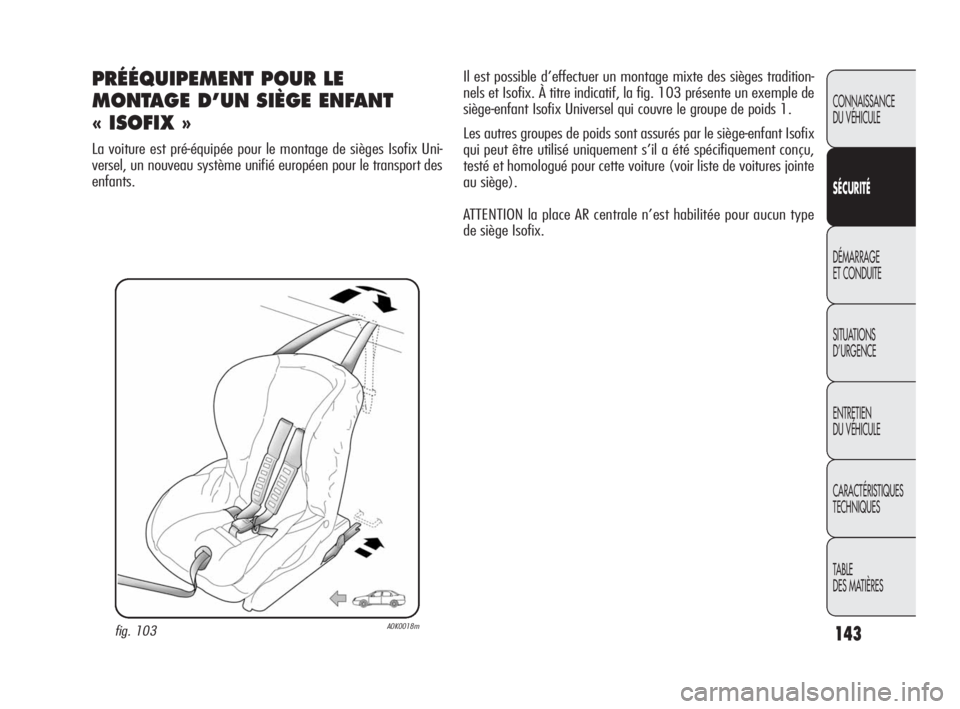 Alfa Romeo Giulietta 2010  Notice dentretien (in French) 143
CONNAISSANCE 
DU VÉHICULE
SÉCURITÉ
DÉMARRAGE 
ET CONDUITE
SITUATIONS 
D’URGENCE
ENTRETIEN 
DU VÉHICULE
CARACTÉRISTIQUES 
TECHNIQUES
TABLE
DES MATIÈRES
PRÉÉQUIPEMENT POUR LE
MONTAGE D’
