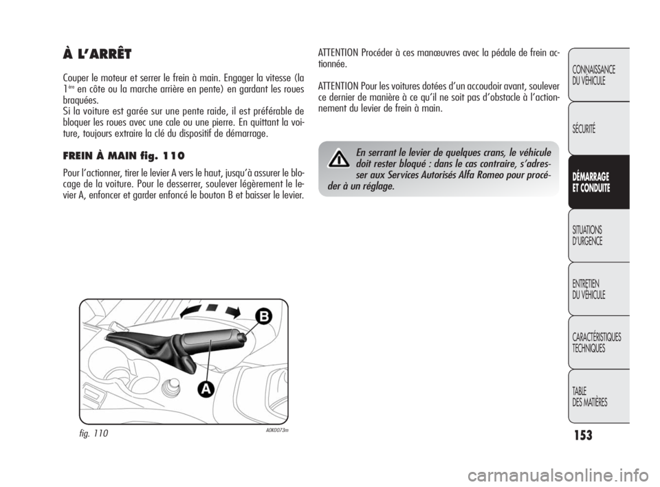 Alfa Romeo Giulietta 2010  Notice dentretien (in French) 153
CONNAISSANCE 
DU VÉHICULE
SÉCURITÉ
DÉMARRAGE 
ET CONDUITE
SITUATIONS 
D’URGENCE
ENTRETIEN 
DU VÉHICULE
CARACTÉRISTIQUES 
TECHNIQUES
TABLE
DES MATIÈRES
ATTENTION Procéder à ces manœuvre