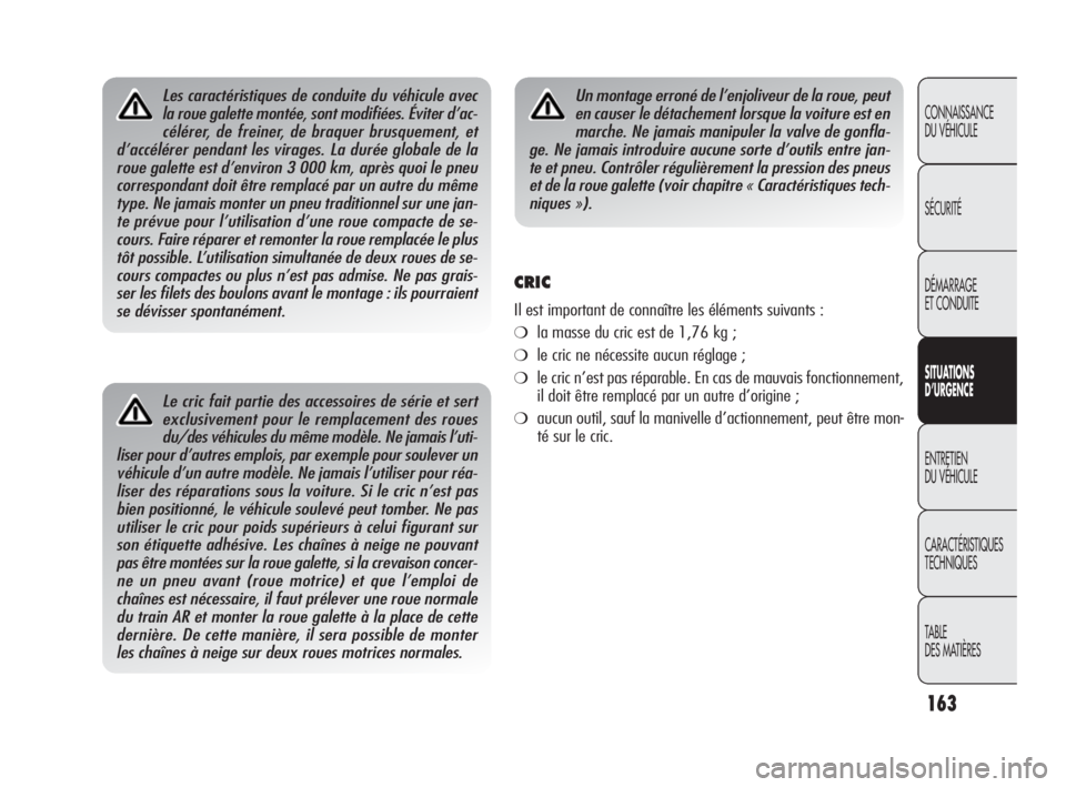 Alfa Romeo Giulietta 2010  Notice dentretien (in French) 163
CONNAISSANCE 
DU VÉHICULE
SÉCURITÉ
DÉMARRAGE 
ET CONDUITE
SITUATIONS 
D’URGENCE
ENTRETIEN 
DU VÉHICULE
CARACTÉRISTIQUES 
TECHNIQUES
TABLE
DES MATIÈRES
Le cric fait partie des accessoires 