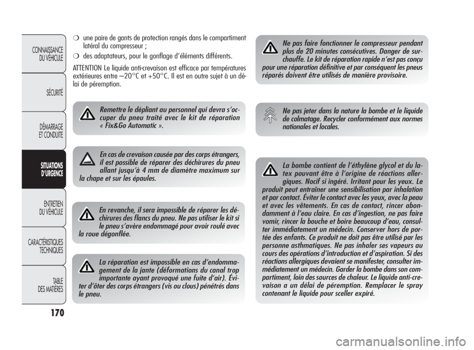 Alfa Romeo Giulietta 2010  Notice dentretien (in French) 170
CONNAISSANCE 
DU VÉHICULE
SÉCURITÉ
DÉMARRAGE 
ET CONDUITE
SITUATIONS 
D’URGENCE
ENTRETIEN 
DU VÉHICULE
CARACTÉRISTIQUES 
TECHNIQUES
TABLE
DES MATIÈRESEn revanche, il sera impossible de r