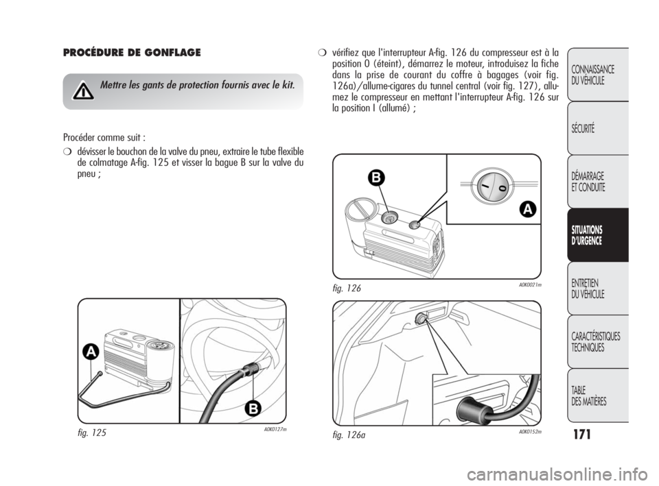 Alfa Romeo Giulietta 2010  Notice dentretien (in French) 171
CONNAISSANCE 
DU VÉHICULE
SÉCURITÉ
DÉMARRAGE 
ET CONDUITE
SITUATIONS 
D’URGENCE
ENTRETIEN 
DU VÉHICULE
CARACTÉRISTIQUES 
TECHNIQUES
TABLE
DES MATIÈRES
PROCÉDURE DE GONFLAGE
Mettre les ga