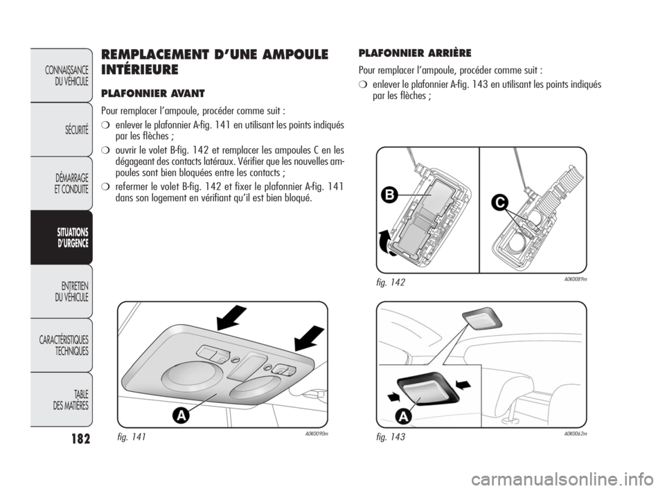 Alfa Romeo Giulietta 2010  Notice dentretien (in French) 182
CONNAISSANCE 
DU VÉHICULE
SÉCURITÉ
DÉMARRAGE 
ET CONDUITE
SITUATIONS 
D’URGENCE
ENTRETIEN 
DU VÉHICULE
CARACTÉRISTIQUES 
TECHNIQUES
TABLE
DES MATIÈRES
REMPLACEMENT D’UNE AMPOULE
INTÉRI