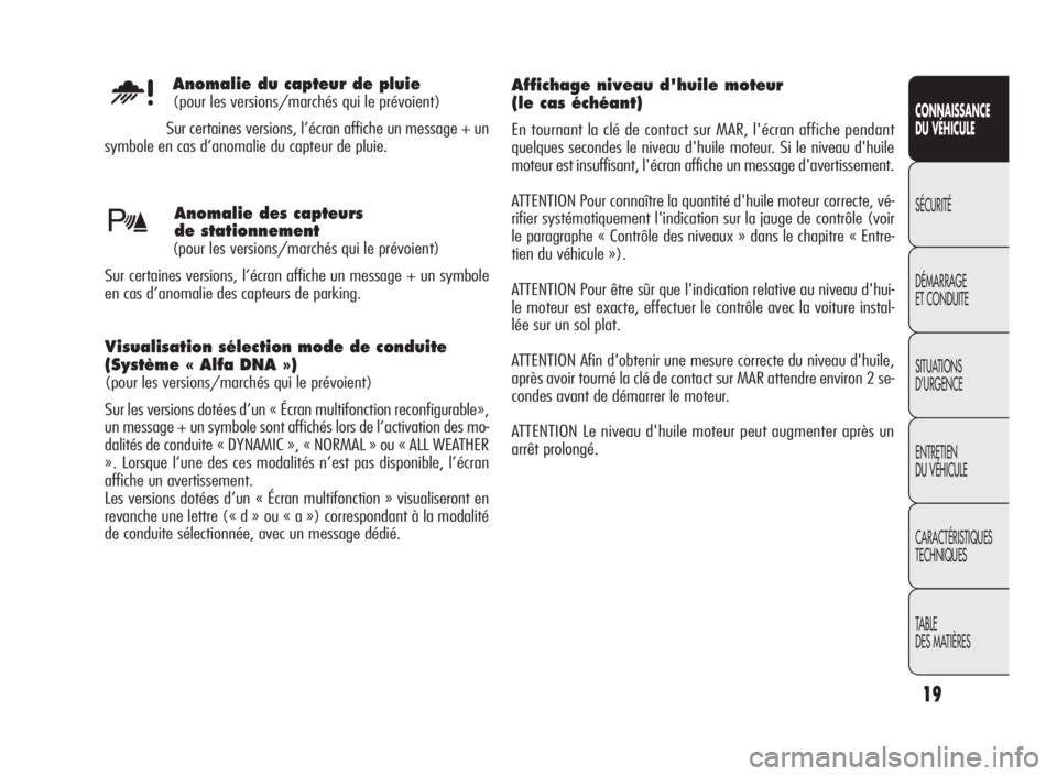 Alfa Romeo Giulietta 2010  Notice dentretien (in French) 19
CONNAISSANCE
DU VÉHICULE
SÉCURITÉ
DÉMARRAGE
ET CONDUITE
SITUATIONS
D’URGENCE
ENTRETIEN
DU VÉHICULE
CARACTÉRISTIQUES
TECHNIQUES
TABLE
DES MATIÈRESAnomalie des capteurs
de stationnement
(pou