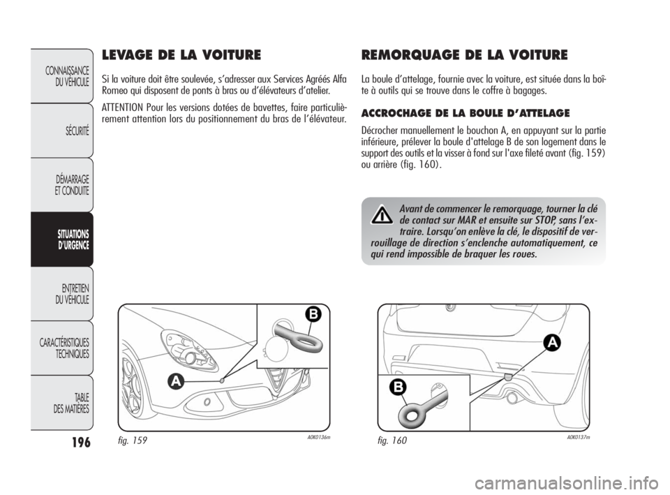 Alfa Romeo Giulietta 2010  Notice dentretien (in French) 196
CONNAISSANCE 
DU VÉHICULE
SÉCURITÉ
DÉMARRAGE 
ET CONDUITE
SITUATIONS 
D’URGENCE
ENTRETIEN 
DU VÉHICULE
CARACTÉRISTIQUES 
TECHNIQUES
TABLE
DES MATIÈRES
LEVAGE DE LA VOITURE
Si la voiture d