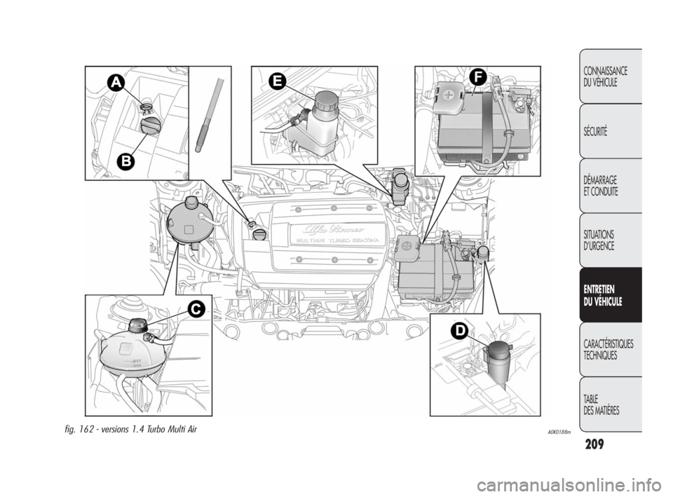 Alfa Romeo Giulietta 2010  Notice dentretien (in French) 209
CONNAISSANCE 
DU VÉHICULE
SÉCURITÉ
DÉMARRAGE 
ET CONDUITE
SITUATIONS 
D’URGENCE
ENTRETIEN 
DU VÉHICULE
CARACTÉRISTIQUES
TECHNIQUES
TABLE
DES MATIÈRES
A0K0188mfig. 162 - versions 1.4 Turbo