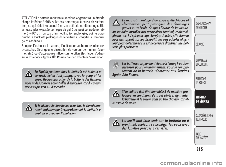 Alfa Romeo Giulietta 2010  Notice dentretien (in French) 215
CONNAISSANCE 
DU VÉHICULE
SÉCURITÉ
DÉMARRAGE 
ET CONDUITE
SITUATIONS 
D’URGENCE
ENTRETIEN 
DU VÉHICULE
CARACTÉRISTIQUES
TECHNIQUES
TABLE
DES MATIÈRES
ATTENTION La batterie maintenue penda