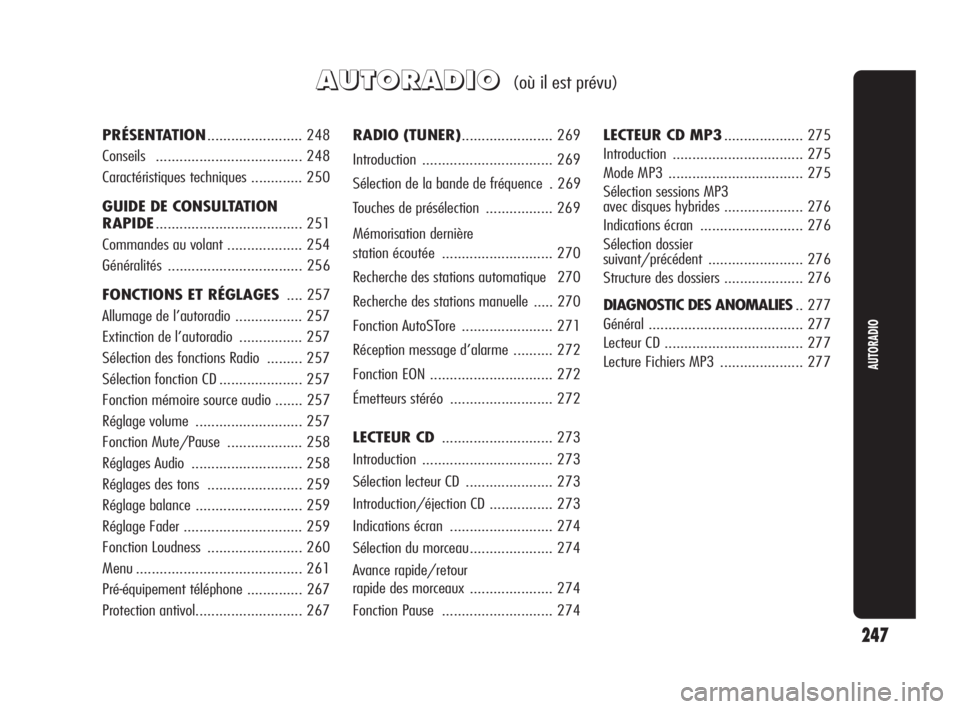 Alfa Romeo Giulietta 2010  Notice dentretien (in French) 247
AUTORADIO
A A
U U
T T
O O
R R
A A
D D
I I
O O(où il est prévu)
RADIO (TUNER).......................269
Introduction.................................269
Sélection de la bande de fréquence .269
