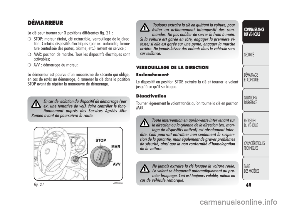 Alfa Romeo Giulietta 2010  Notice dentretien (in French) 49
CONNAISSANCE
DU VÉHICULE
SÉCURITÉ
DÉMARRAGE
ET CONDUITE
SITUATIONS
D’URGENCE
ENTRETIEN
DU VÉHICULE
CARACTÉRISTIQUES
TECHNIQUES
TABLE
DES MATIÈRES
DÉMARREUR
La clé peut tourner sur 3 posi