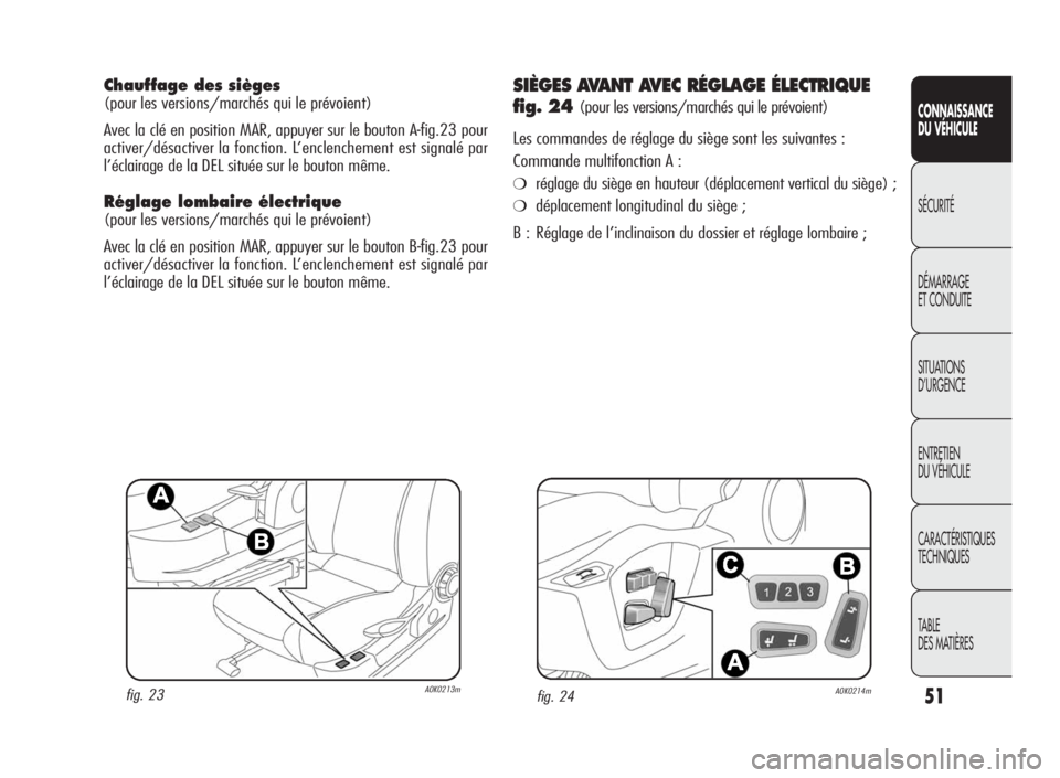 Alfa Romeo Giulietta 2010 Notice dentretien (in French) 51
CONNAISSANCE
DU VÉHICULE
SÉCURITÉ
DÉMARRAGE
ET CONDUITE
SITUATIONS
D’URGENCE
ENTRETIEN
DU VÉHICULE
CARACTÉRISTIQUES
TECHNIQUES
TABLE
DES MATIÈRES
Chauffage des sièges
(pour les versions/m Alfa Romeo Giulietta 2010 Notice dentretien (in French) 51
CONNAISSANCE
DU VÉHICULE
SÉCURITÉ
DÉMARRAGE
ET CONDUITE
SITUATIONS
D’URGENCE
ENTRETIEN
DU VÉHICULE
CARACTÉRISTIQUES
TECHNIQUES
TABLE
DES MATIÈRES
Chauffage des sièges
(pour les versions/m