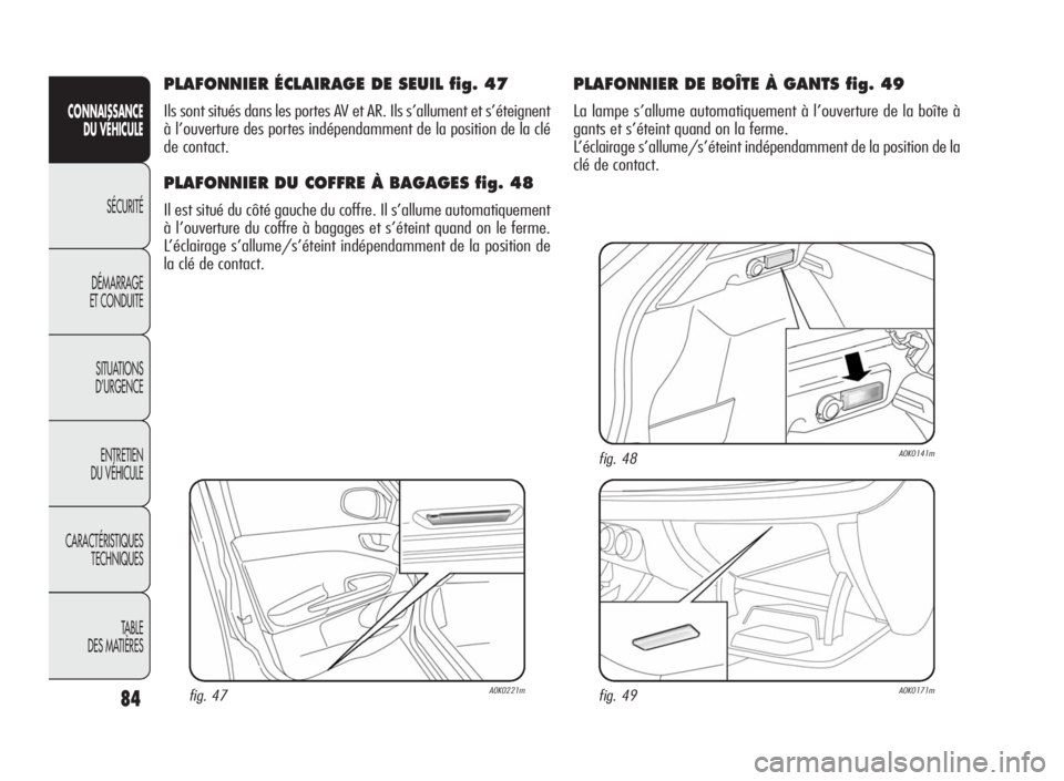 Alfa Romeo Giulietta 2010 Notice dentretien (in French) 84
CONNAISSANCE
DU VÉHICULE
SÉCURITÉ
DÉMARRAGE
ET CONDUITE
SITUATIONS
D’URGENCE
ENTRETIEN
DU VÉHICULE
CARACTÉRISTIQUES
TECHNIQUES
TA B L E
DES MATIÈRES
PLAFONNIER ÉCLAIRAGE DE SEUIL fig. 47
Alfa Romeo Giulietta 2010 Notice dentretien (in French) 84
CONNAISSANCE
DU VÉHICULE
SÉCURITÉ
DÉMARRAGE
ET CONDUITE
SITUATIONS
D’URGENCE
ENTRETIEN
DU VÉHICULE
CARACTÉRISTIQUES
TECHNIQUES
TA B L E
DES MATIÈRES
PLAFONNIER ÉCLAIRAGE DE SEUIL fig. 47