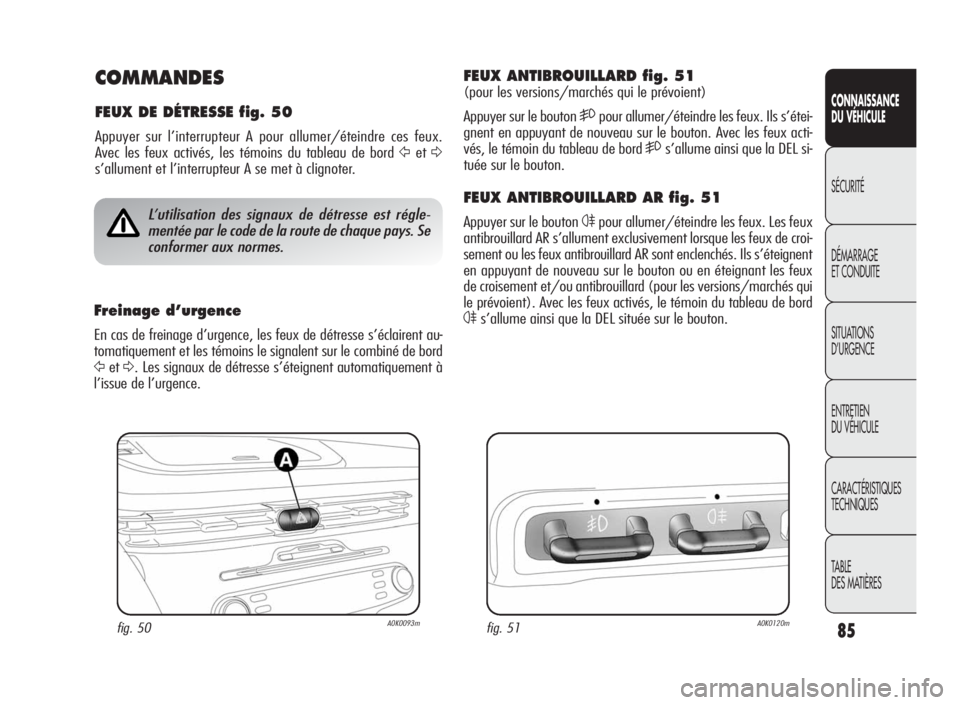 Alfa Romeo Giulietta 2010 Notice dentretien (in French) 85
CONNAISSANCE
DU VÉHICULE
SÉCURITÉ
DÉMARRAGE
ET CONDUITE
SITUATIONS
D’URGENCE
ENTRETIEN
DU VÉHICULE
CARACTÉRISTIQUES
TECHNIQUES
TABLE
DES MATIÈRES
COMMANDES
FEUX DE DÉTRESSE fig. 50
Appuye Alfa Romeo Giulietta 2010 Notice dentretien (in French) 85
CONNAISSANCE
DU VÉHICULE
SÉCURITÉ
DÉMARRAGE
ET CONDUITE
SITUATIONS
D’URGENCE
ENTRETIEN
DU VÉHICULE
CARACTÉRISTIQUES
TECHNIQUES
TABLE
DES MATIÈRES
COMMANDES
FEUX DE DÉTRESSE fig. 50
Appuye
