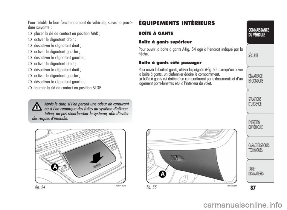 Alfa Romeo Giulietta 2010 Notice dentretien (in French) 87
CONNAISSANCE
DU VÉHICULE
SÉCURITÉ
DÉMARRAGE
ET CONDUITE
SITUATIONS
D’URGENCE
ENTRETIEN
DU VÉHICULE
CARACTÉRISTIQUES
TECHNIQUES
TABLE
DES MATIÈRES
Pour rétablir le bon fonctionnement du v Alfa Romeo Giulietta 2010 Notice dentretien (in French) 87
CONNAISSANCE
DU VÉHICULE
SÉCURITÉ
DÉMARRAGE
ET CONDUITE
SITUATIONS
D’URGENCE
ENTRETIEN
DU VÉHICULE
CARACTÉRISTIQUES
TECHNIQUES
TABLE
DES MATIÈRES
Pour rétablir le bon fonctionnement du v