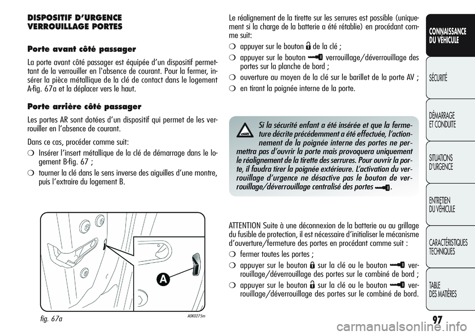 Alfa Romeo Giulietta 2012  Notice dentretien (in French) 97
CONNAISSANCE
DU VÉHICULE
SÉCURITÉ
DÉMARRAGE
ET CONDUITE
SITUATIONS 
D’URGENCE
ENTRETIEN
DU VÉHICULE
CARACTÉRISTIQUES
TECHNIQUES
TABLE
DES MATIÈRES
DISPOSITIF D’URGENCE 
VERROUILLAGE PORT